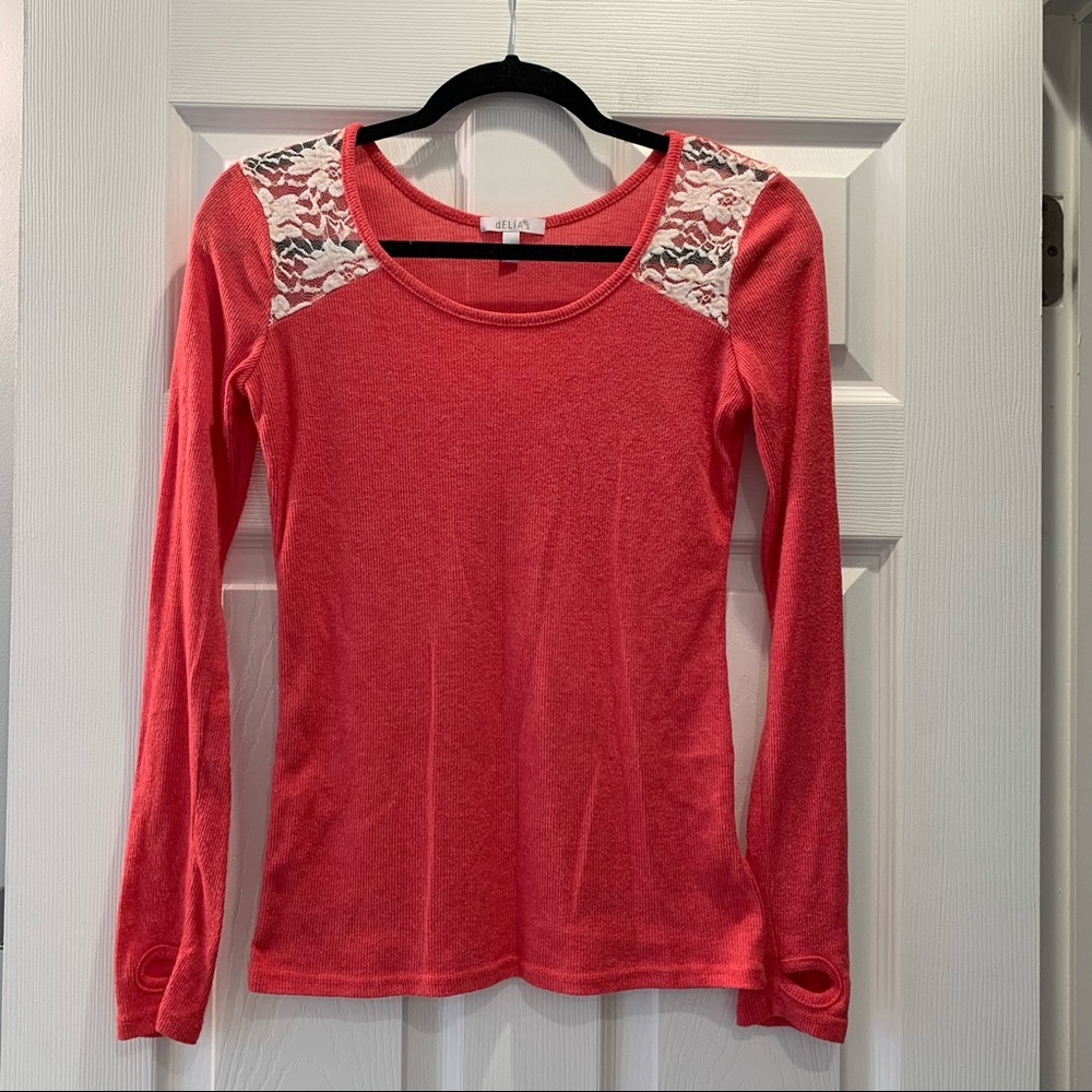 dELiA*s Coral Ribbed Lace Long Sleeve T-Shirt- Medium